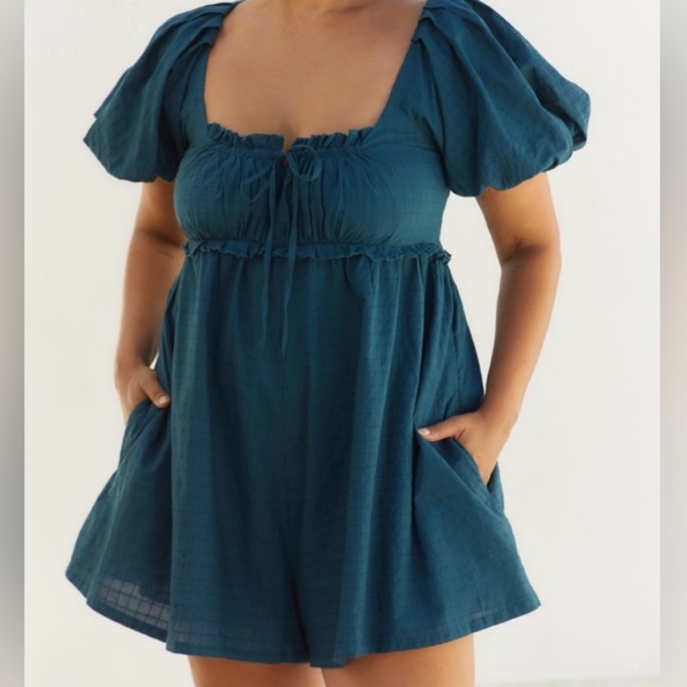 🟤NWT PILCRO Plus Puff-Sleeve Babydoll Romper in Dark Teal 1X